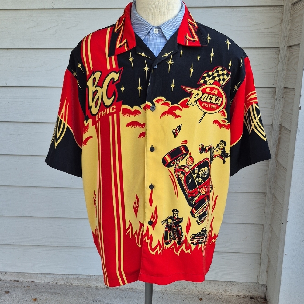 LA ROCKA BC Ethic Hot Rod Rumble Vince Ray Beige Red Black Short Sleeve Shirt XL